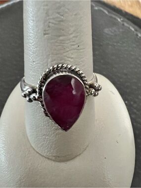 Sterling Silver Teardrop Created Ruby Gemstone Ring.
